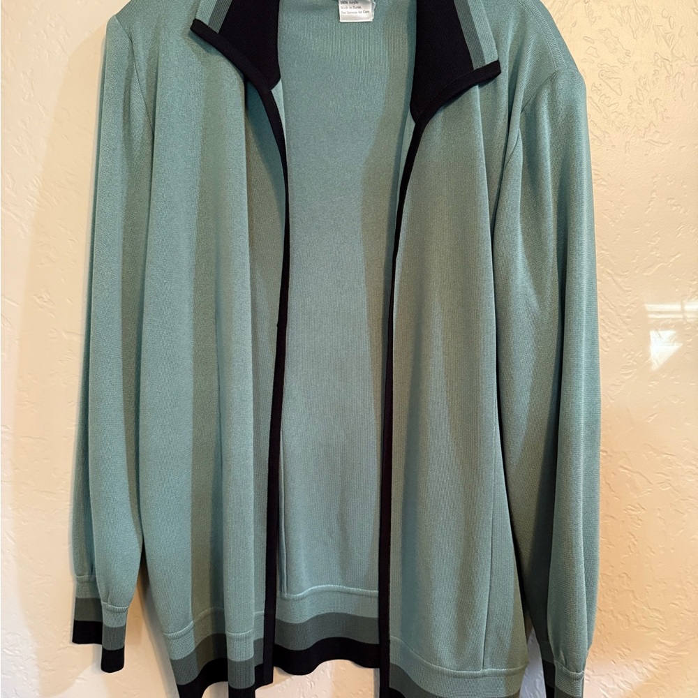 Misook Signature Knit Open Cardigan Teal Black Trim Size M Career Travel Jacket